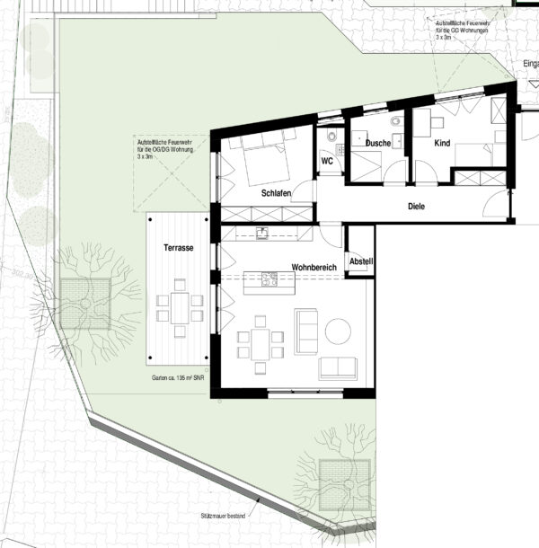 Grundriss einer Wohnung mit Schlafzimmer, Kinderzimmer, Bad, WC, Diele, Abstellraum, Wohnbereich und Terrasse, umgeben von einem Gartenbereich.