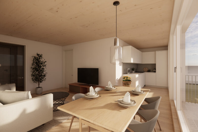 Modernes, helles Wohnzimmer mit offener Küche, Esstisch und Sofa, großen Fenstern und Holzdach.