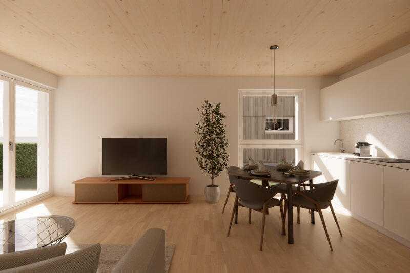 Helles Wohnzimmer mit Holzdecke, Flachbild-Fernseher, Esstisch und offener Küche; große Fensterfront mit Blick auf eine Terrasse.