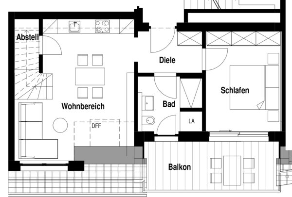Grundriss einer Wohnung mit Wohnbereich, Schlafzimmer, Bad, Diele, Abstellraum und Balkon.