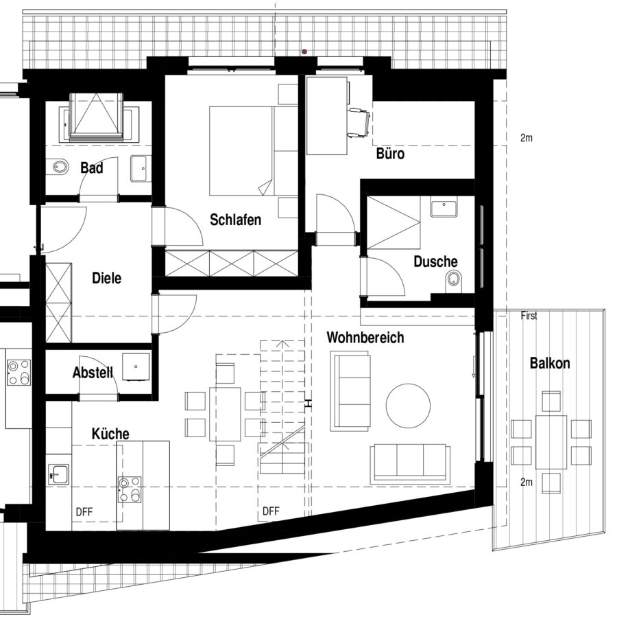 Grundriss einer Wohnung mit Wohnbereich, Schlafzimmer, Büro, Küche, Bad, Dusche, Diele, Abstellraum und Balkon, dargestellt im Bauplan von RIKKER Haus GmbH.