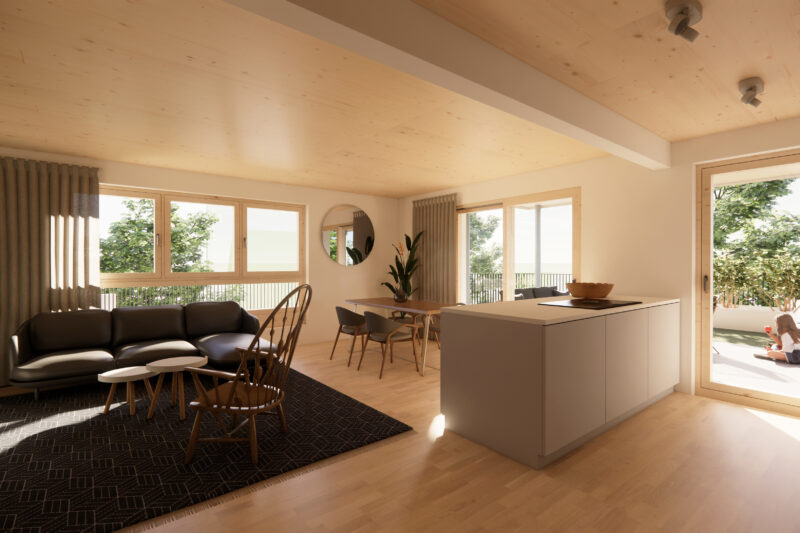Moderne und helle Wohnküche mit großen Fenstern, Holzdecke, schwarzer Ledercouch, kleinem Tisch, Holzesstisch, und Blick auf eine Terrasse mit Bäumen.