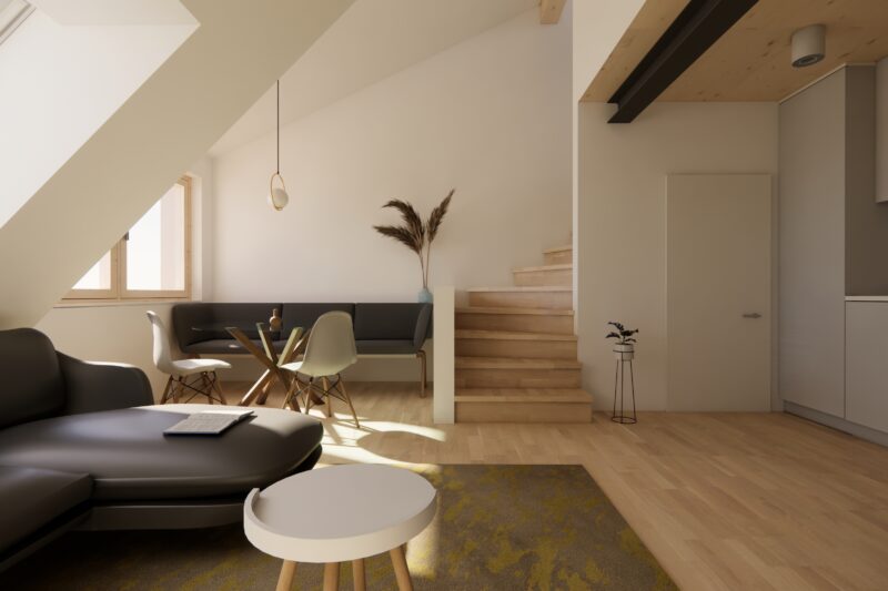 Modernes Wohnzimmer mit Dachschräge, schwarzem Sofa, rundem Tisch, Treppe und großen Fenstern; minimalistisches Design mit heller Holzbodenoptik.