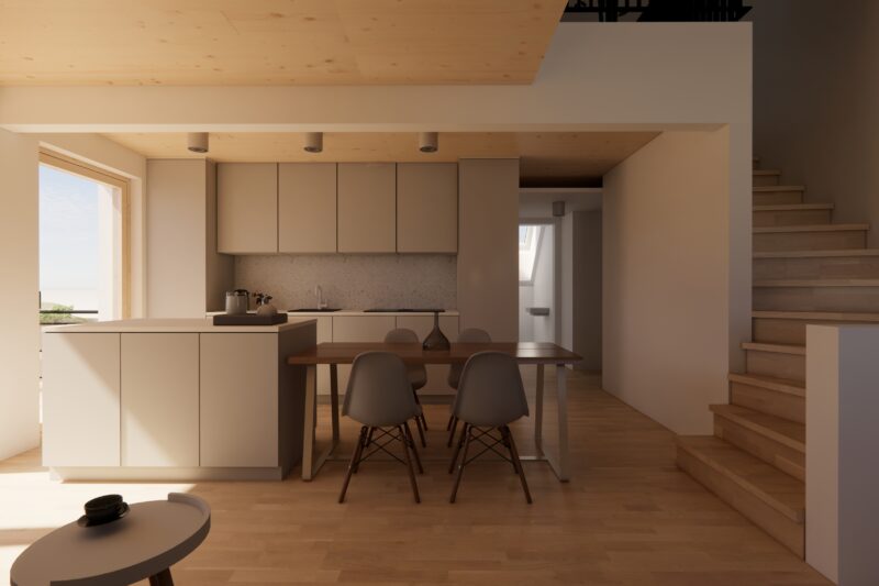Moderne Küche mit cremefarbenen Schränken, Holzfußboden, Esstisch mit vier Stühlen, Fenster, und Holztreppe.