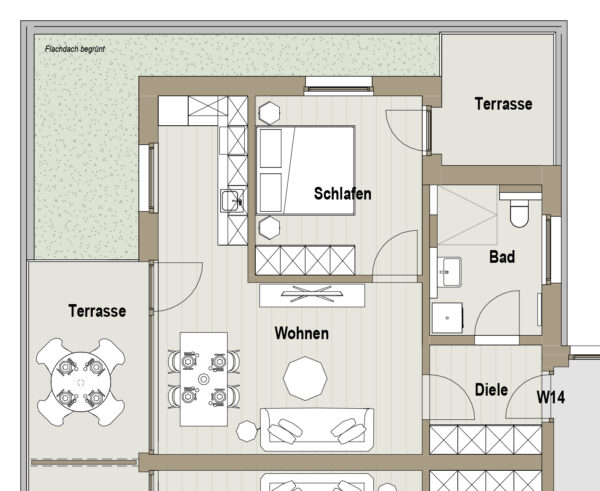 Grundriss einer Wohnung mit Bereichen für Schlafen, Wohnen, Bad und Diele, zwei Terrassen, und begrüntem Flachdach.