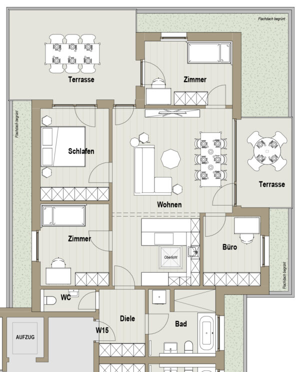 Grundriss einer Wohnung mit Schlafzimmer, Wohnzimmer, zwei weiteren Zimmern, Büro, Bad, WC, Diele und zwei Terrassen.