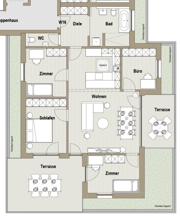 Grundriss einer modernen Wohnung mit zwei Schlafzimmern, einem Bad, separatem WC, Büro, einer offenen Wohnküche und zwei Terrassen.